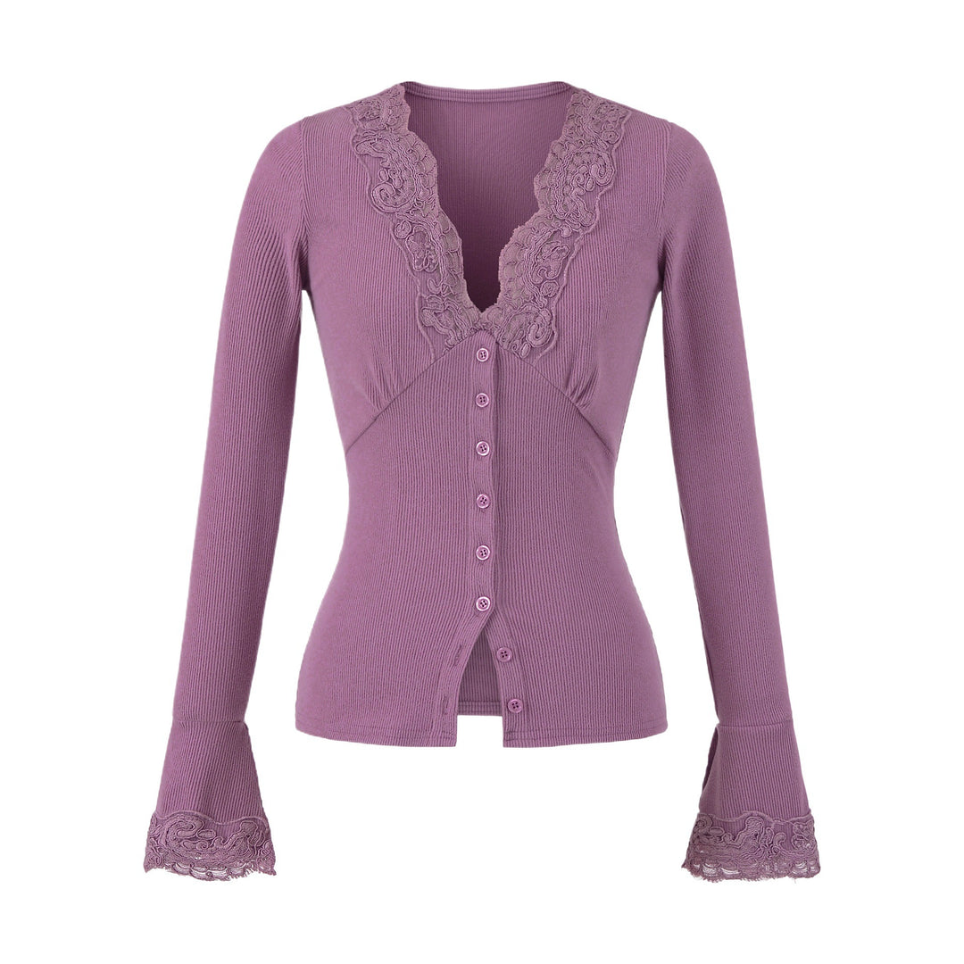 Women's long sleeve t-shirt with feminine lace collar and button detail Lune London