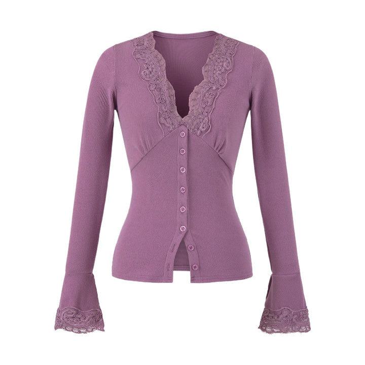 Women's long sleeve t-shirt with feminine lace collar and button detail Lune London