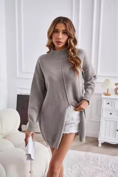 Chunky knit sweater for women with high neck and asymmetrical cut Lune London