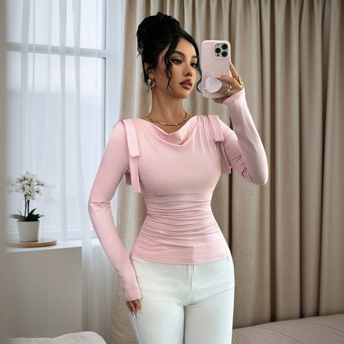 T-shirt ajusté à manches longues pour femmes avec des éléments de volants décoratifs Chic & Stil