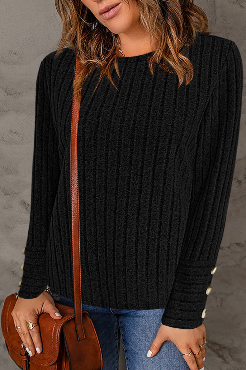 Women's stylish knit top with ribbed structure and elegant button details Lune London