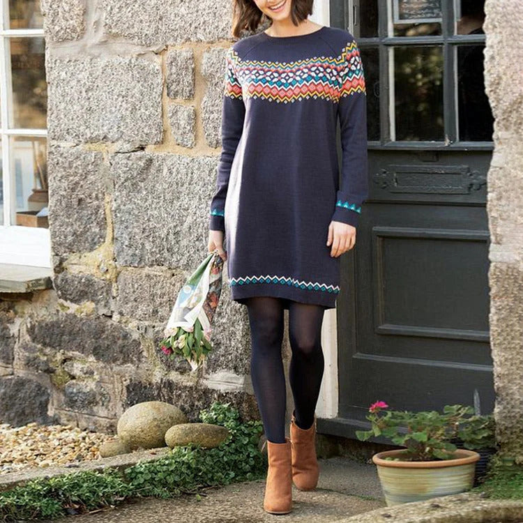 Robe femme en tricot avec motif nordique ludique et col montant Chic & Stil