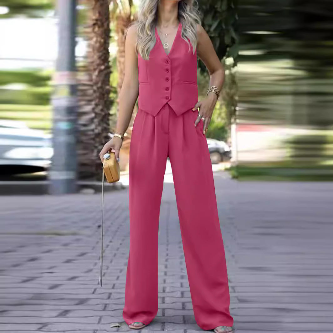 Lune London | Sleeveless V-neck Vest with Wide Leg Pants Ensemble