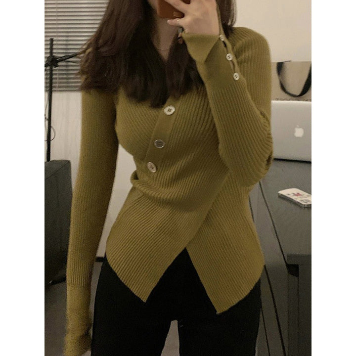 Cardigan en tricot à fines côtes pour femmes avec détails de boutons et col en V élégant Chic & Stil