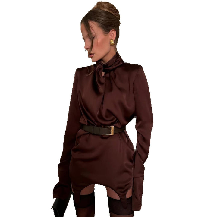 Elegant mini satin dress for women with a high collar and ruched details Lune London