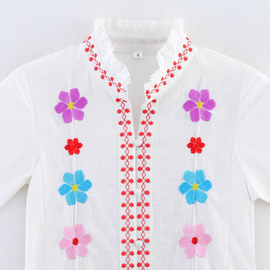 Shirt for women with colorful embroidery and romantic ruffled design Lune London