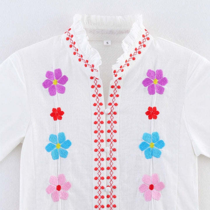 Shirt for women with colorful embroidery and romantic ruffled design Lune London
