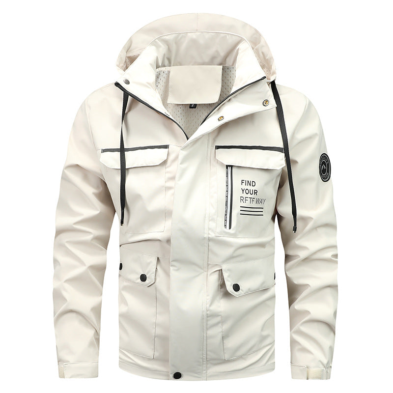 Multi-functional outdoor jacket for men with adjustable hood and reflective elements Lune London