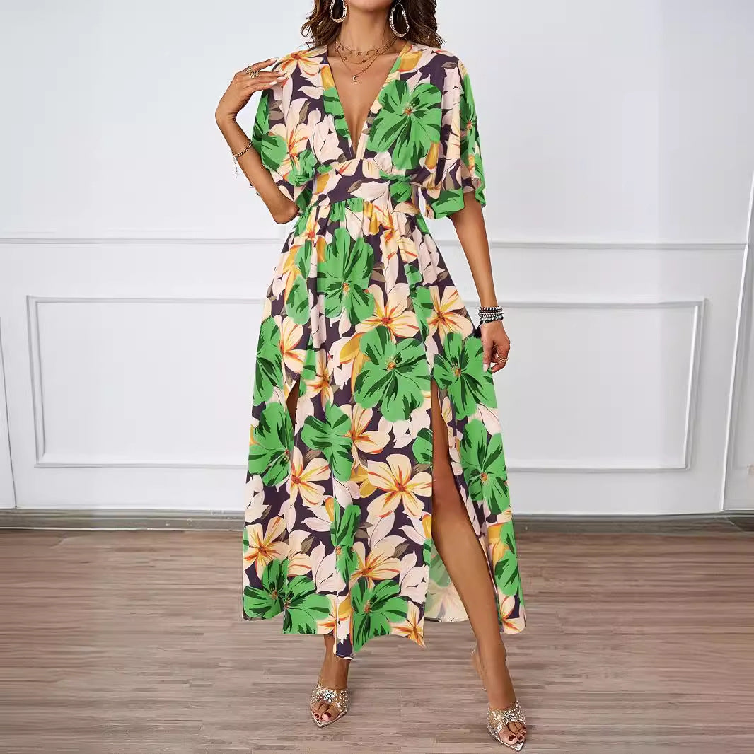 Maxi floral dress for women with deep V-neck and side slits Lune London