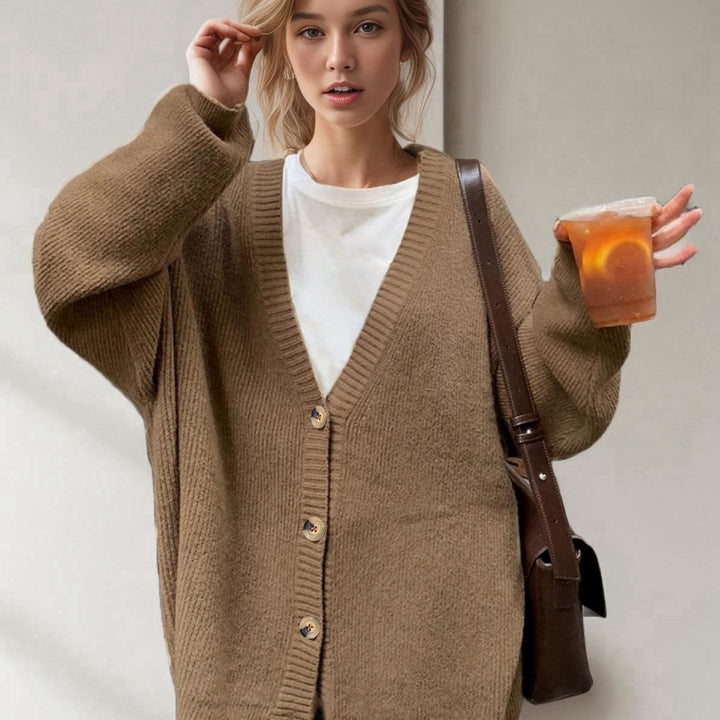 Ladies' oversized knit cardigan with deep V-neck and large buttons Lune London