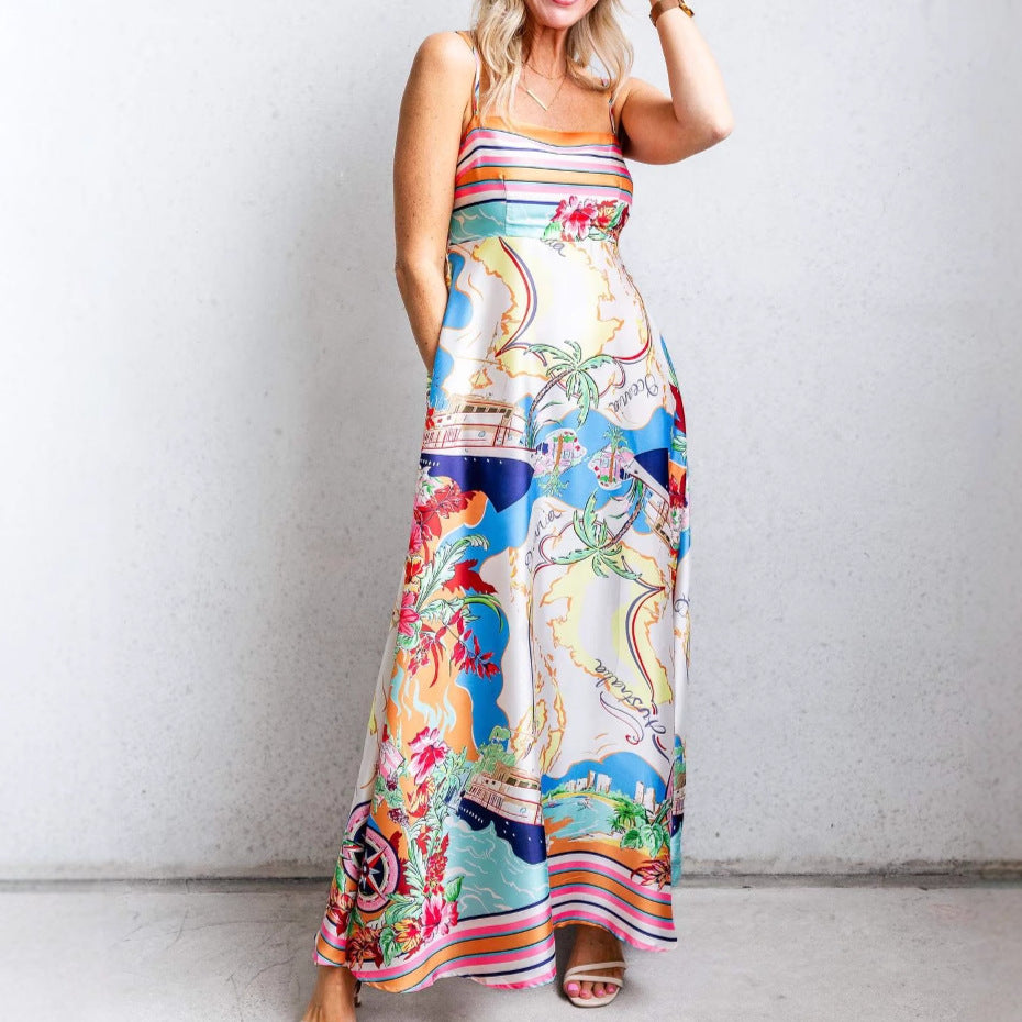 Maxi dress for women with colorful print and spaghetti straps Chic & Stil
