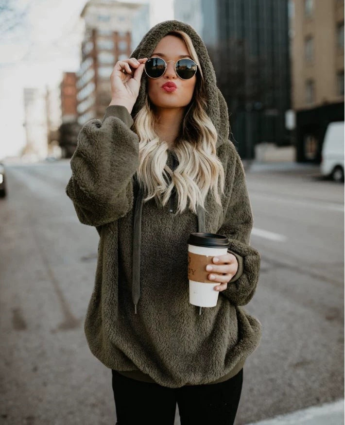 Ladies Oversized Fleece Hoodie with Comfortable Pockets and Drawstring Lune London