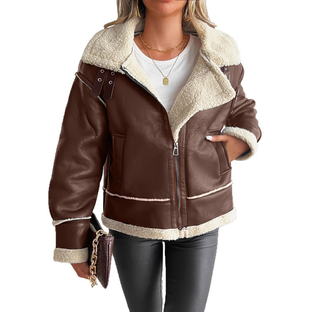 Stylish faux leather jacket for women with sheepskin collar Lune London