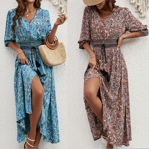 Maxi dress for women with removable belt at the waist and artistic pattern Lune London