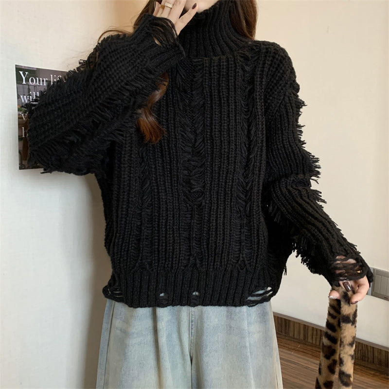 Pull en tricot épais pour femme avec col montant et éléments de design à franges Chic & Stil
