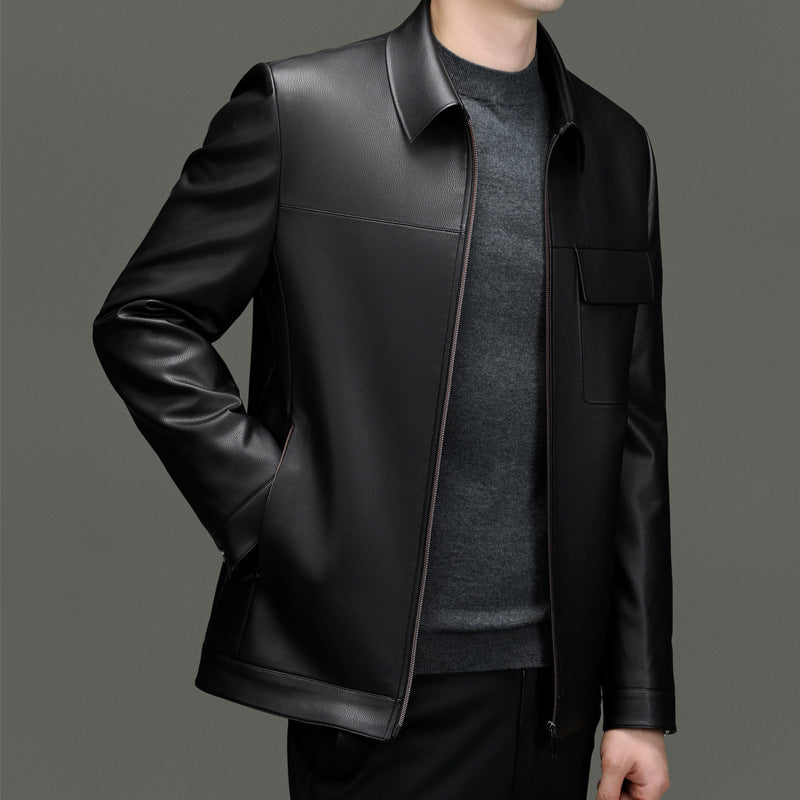 Synthetic leather jacket for men with practical zippered pockets Lune London