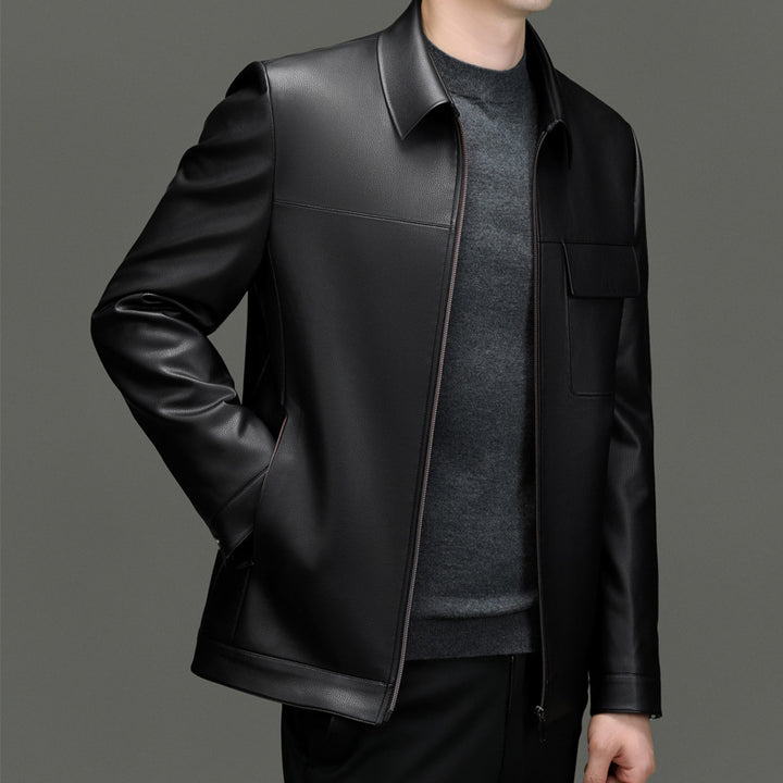 Synthetic leather jacket for men with practical zippered pockets Lune London