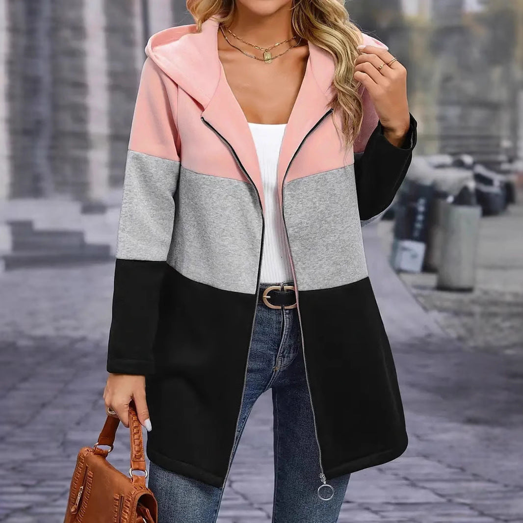 Ladies casual hooded coat with chic color block design