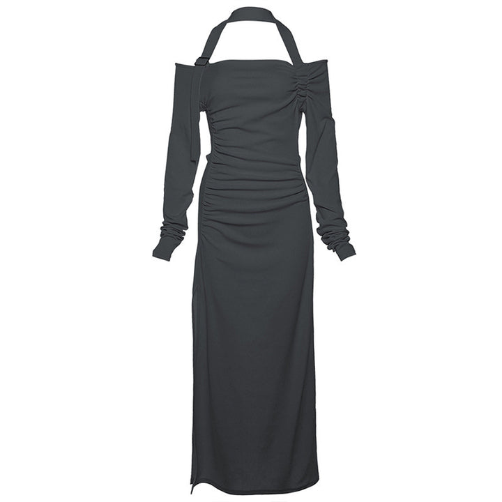Ladies Elegant Maxi Dress with Asymmetrical Shoulder Design and Chic Refined Ruffle Details