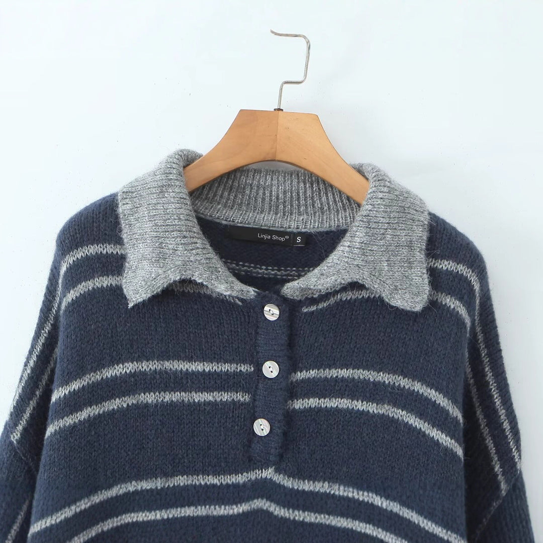 Pull décontracté pour femmes avec col contrasté et rayures modernes Chic & Stil
