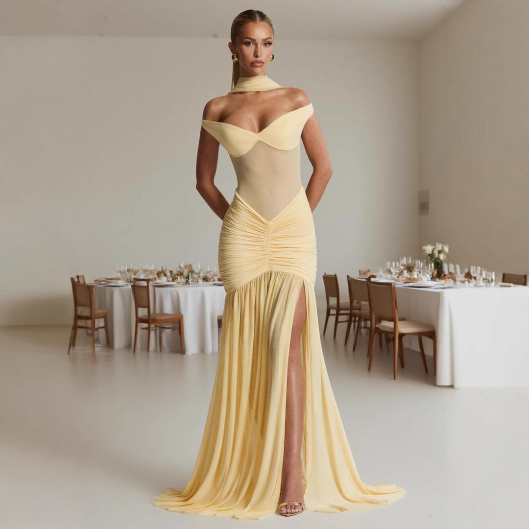 Elegant Maxi Dress for Women with Bardot Design and Chic Ruching & Style