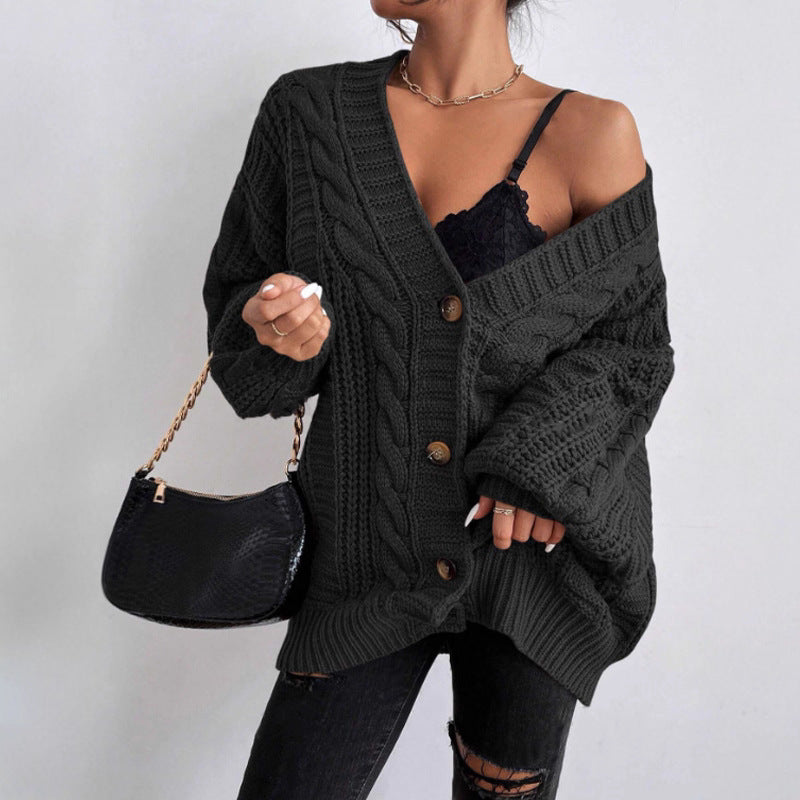 Ladies chunky knit cardigan with wide sleeves and button details Lune London