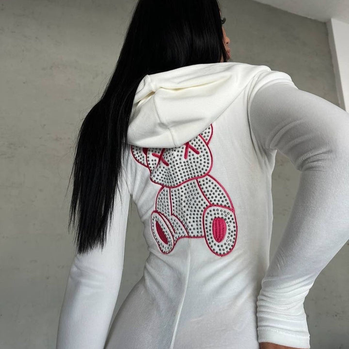 Hooded dress for women with sparkling bear pattern and fitted cut Lune London