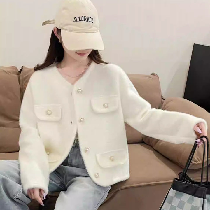 Women Plush Cardigan with Decorative Button Details and Practical Pockets Lune London