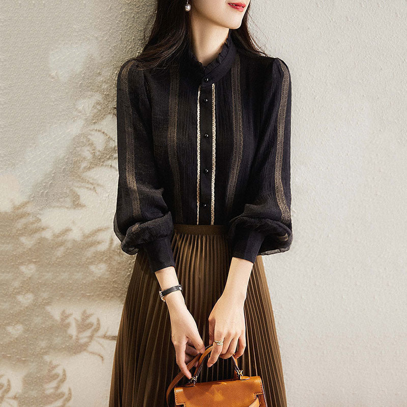 Elegant long sleeve blouse for women with ruffled collar and button details Lune London