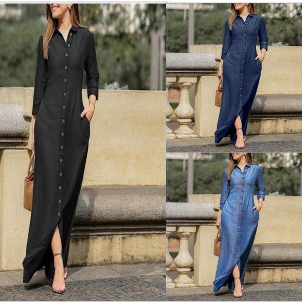 Maxi dress with long sleeves, button placket, and side pockets Lune London