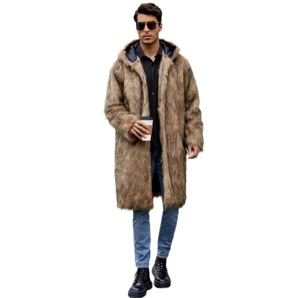 Long coat for men with hood in soft faux fur Lune London