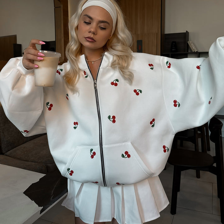 Hooded jacket for women with a unique cherry design and an oversized fit Lune London