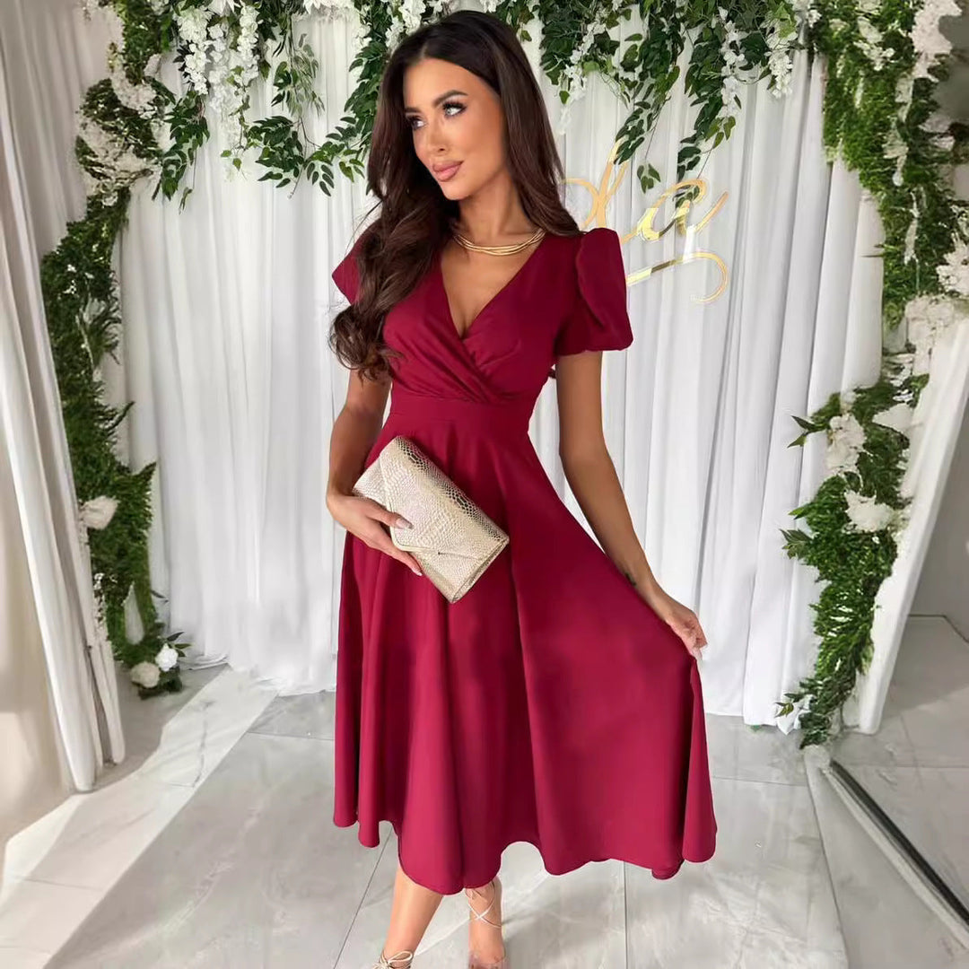 Lune London | Stylish Commuting Solid Color V-Neck Puff Sleeve Dress