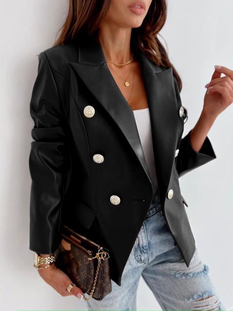Elegant faux leather blazer for women with double row of buttons Lune London