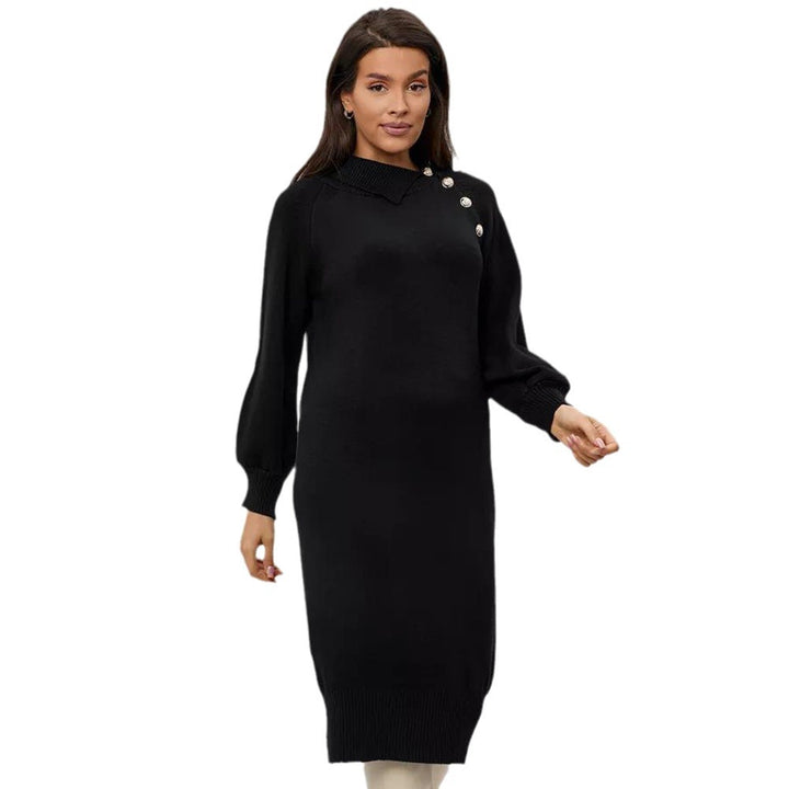 Knit dress for women with fitted belt and decorative button details Lune London