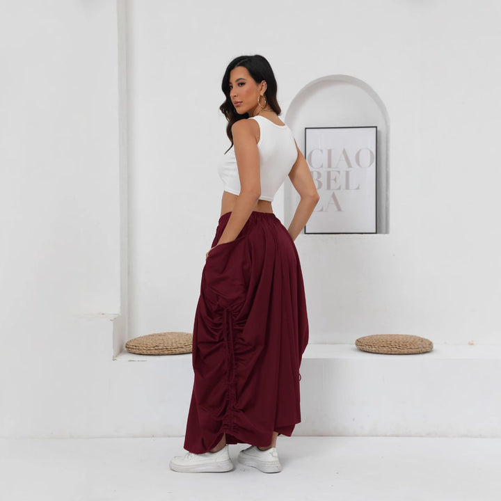 Maxi skirt for women with side gathers and practical pockets Lune London