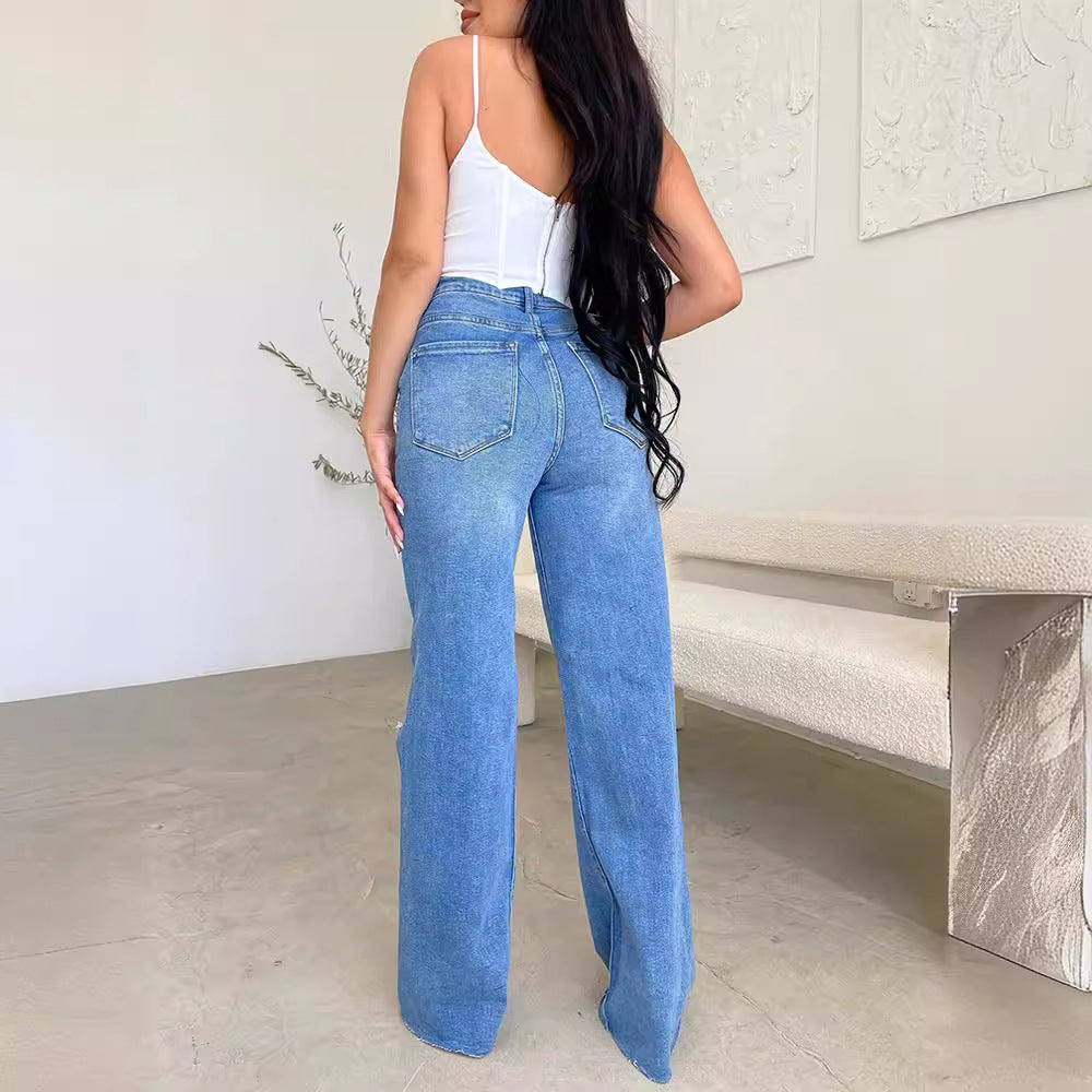 High-waisted wide jeans for women with distressed effects Lune London