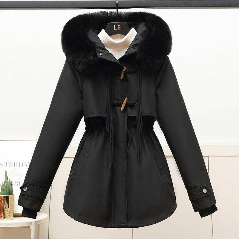 Ladies winter down jacket with a removable faux fur collar and a drawstring waist Lune London