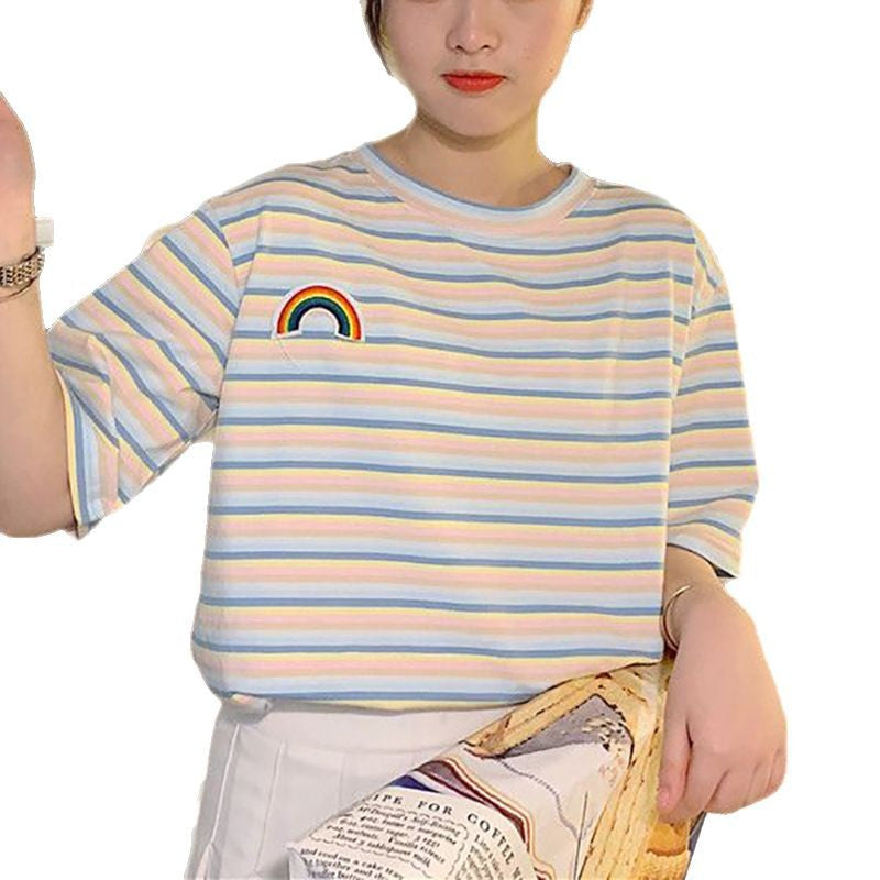 Women's striped T-shirt with colorful rainbow patch Lune London