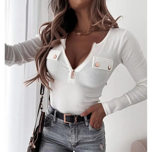 Women Long Sleeve T-Shirt with Shiny Zipper Closure and Decorative Button Details Lune London