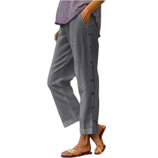 Linen pants for women with side button details and relaxed fit Lune London