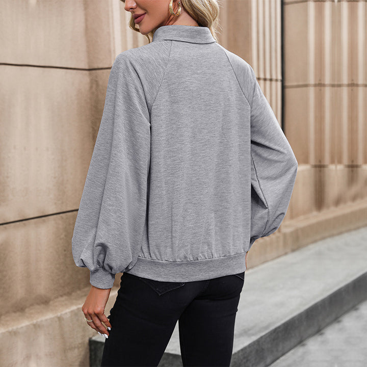 Womens long sleeve fleece sweater with button placket and balloon sleeves Lune London
