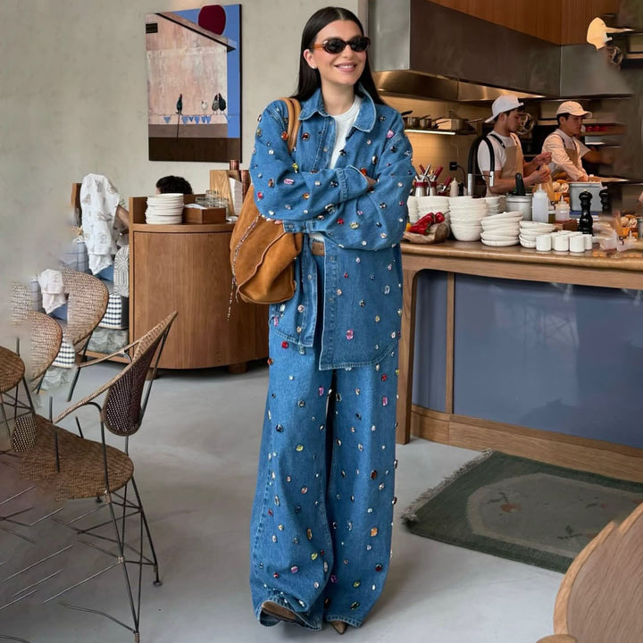 Denim set for women with colorful appliqués and a loose fit Lune London