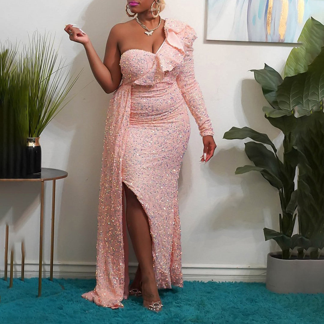 Women Elegant Off-Shoulder Maxi Dress with Shimmering Accents and Asymmetrical Design Lune London