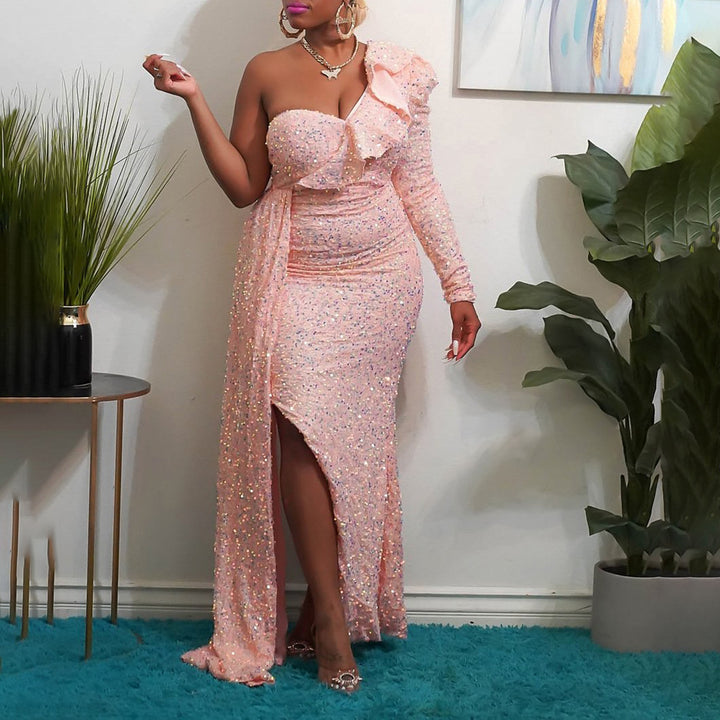 Women Elegant Off-Shoulder Maxi Dress with Shimmering Accents and Asymmetrical Design Lune London