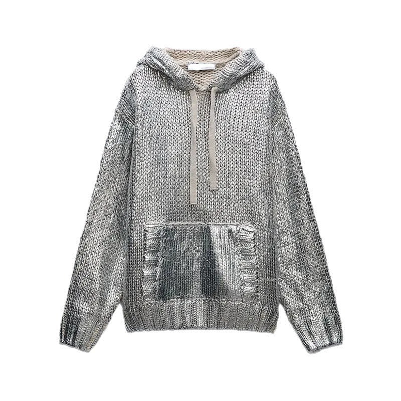 Sparkling knitted sweater for women with hood and practical kangaroo pocket Lune London