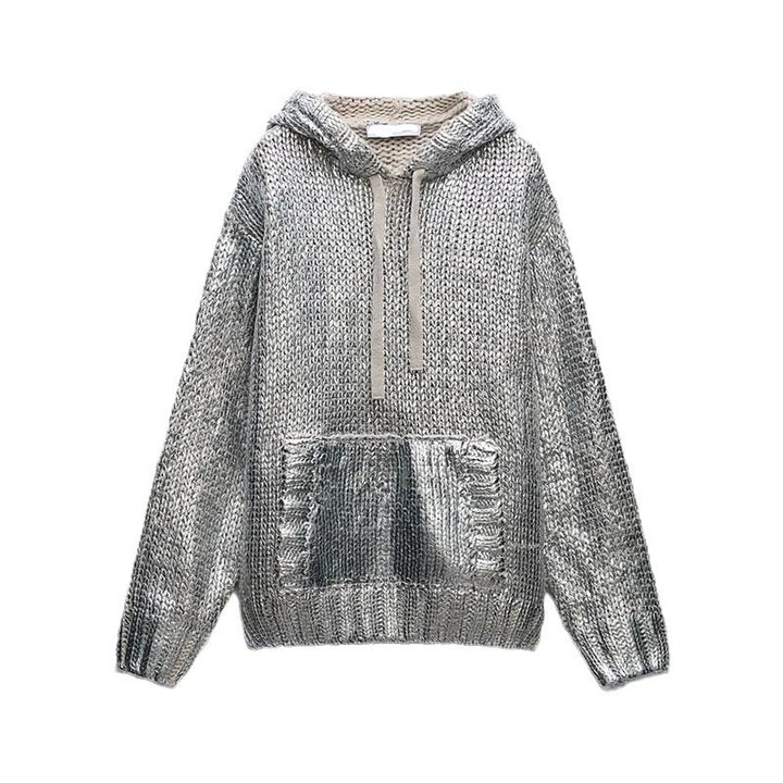 Sparkling knitted sweater for women with hood and practical kangaroo pocket Lune London