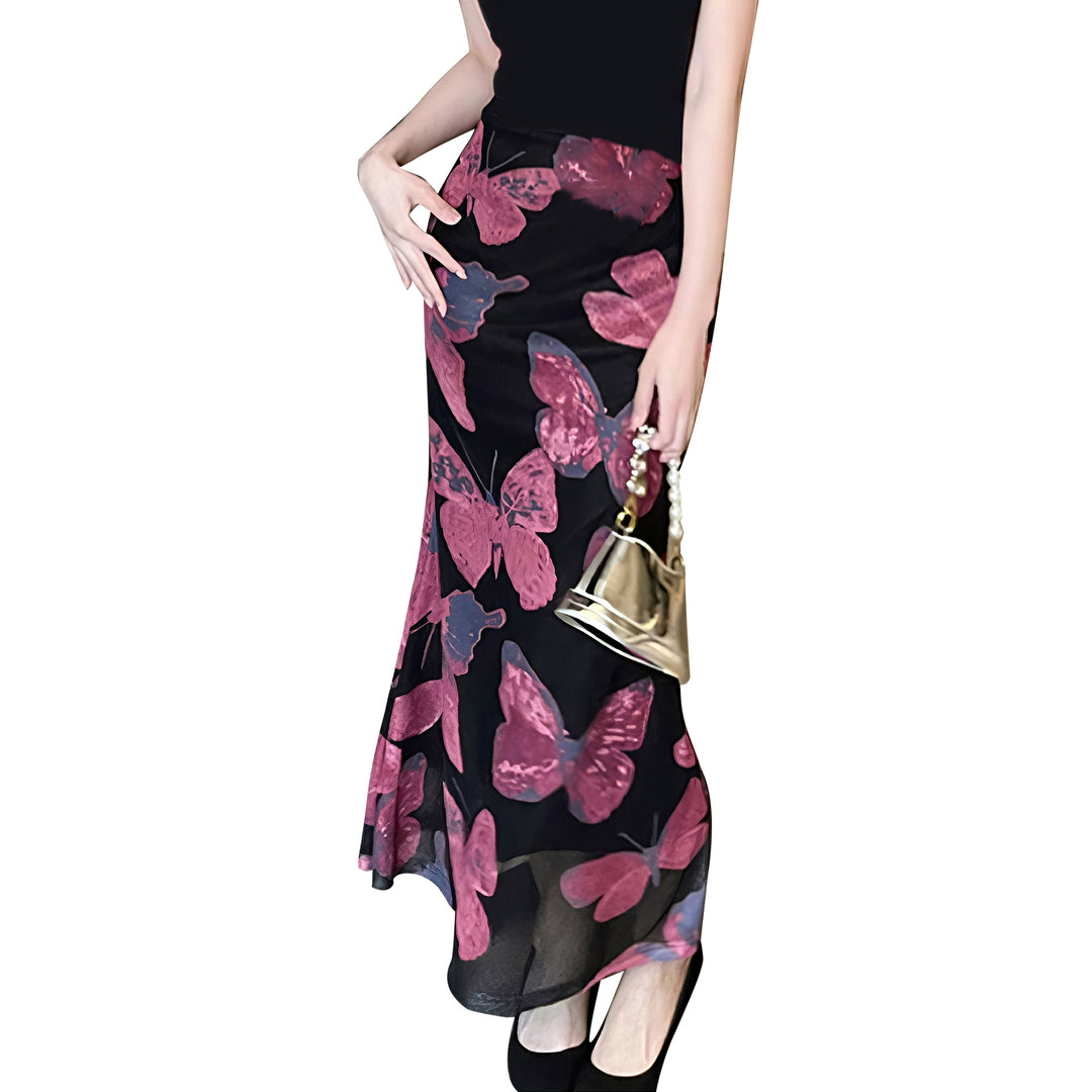 Ladies Elegant Maxi Dress with Floral Butterfly Patterns and Transparent Hem