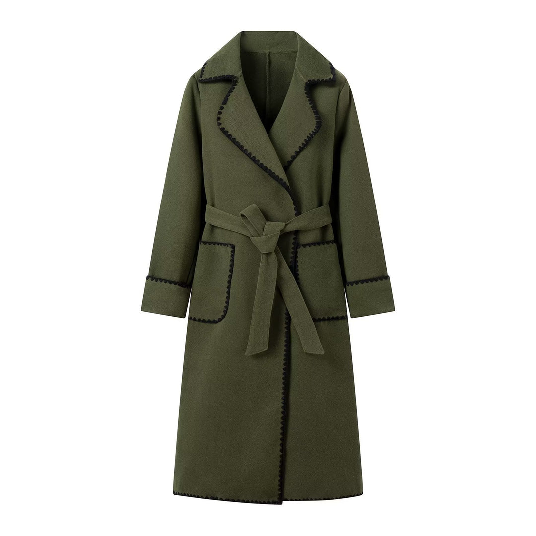 Elegant long coat for women with a tie belt and contrasting piping Lune London