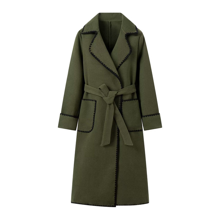 Elegant long coat for women with a tie belt and contrasting piping Lune London